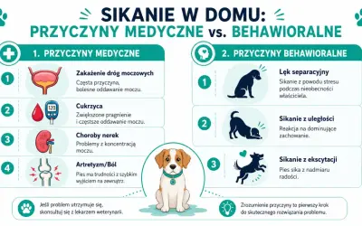 Ilustracja przedstawia przyczyny medyczne i behawioralne sikania w domu u rocznego psa, w tym problemy z drogami moczowymi, cukrzycę, choroby nerek, artretyzm, lęk separacyjny, uległość i ekscytację.