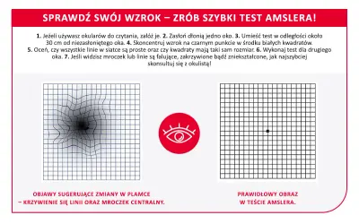 Test Amslera: zniekształcone linie i mroczek centralny to objawy sugerujące zmiany w plamce. Plamka bez refleksu co to znaczy? Skonsultuj się z okulistą.
