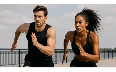 Coppia che corre all'aperto, determinata a raggiungere l'obiettivo di come perdere peso velocemente con allenamento e disciplina.