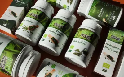 Słoiki i pudełka z produktami **spirulina i chlorella** od Bio Organic Foods. Zielone suplementy diety w proszku i tabletkach.