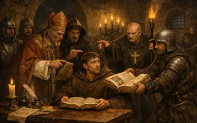 Biskup i mnisi dyskutują nad księgą, w mrocznym pomieszczeniu. Widać żołnierzy, świece i symbole religii.