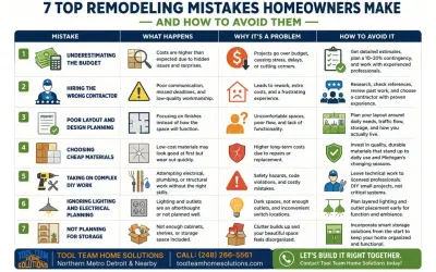Avoid these 7 home renovation mistakes: budget, contractor, planning, materials, DIY, lighting, and storage. Plan wisely for success.