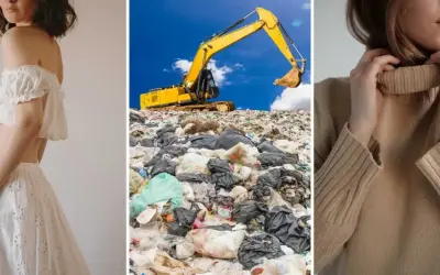 Kobieta w białej koronkowej sukience, wysypisko śmieci z koparką, kobieta w beżowym golfie. Czy to wszystko to syntetyki?