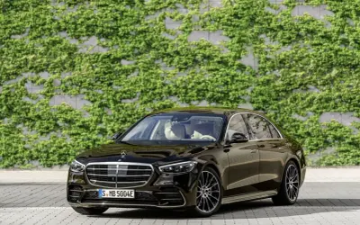 Elegancki, czarny Mercedes S Klasa lśni na tle zielonej ściany z bluszczu.