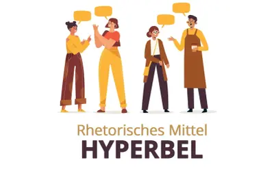 Vier Personen im Gespräch, die mit gelben Sprechblasen ihre Worte darstellen. Das Bild illustriert das rhetorische Stilmittel Hyperbel.