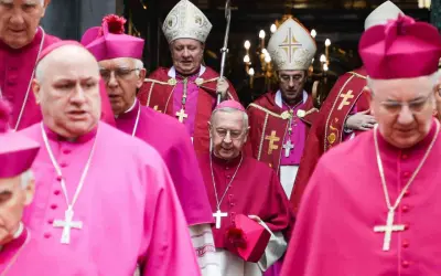 Biskupi w szatach w kolorze biskupi i fuksja, niosący krzyże i pastorały, idą w procesji.