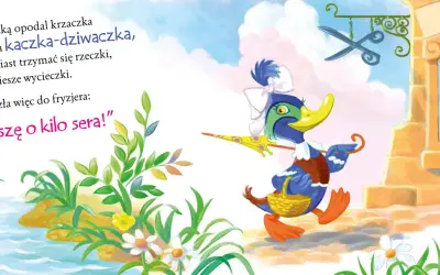 Kaczka dziwaczka z wiersza, z parasolką i koszykiem, idzie do fryzjera. Obok fryzjer strzygący klienta.