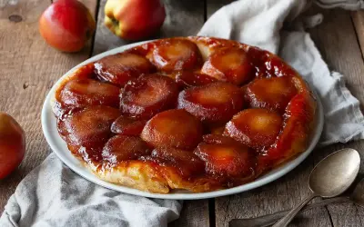 En gyllene tarte tatin med karamelliserade äpplen på en vit tallrik, omgiven av äpplen och en linneduk.
