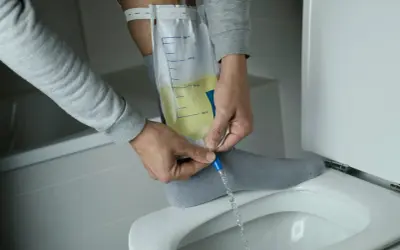 Mann entleert Urinbeutel, der mit einem Bauchdeckenkatheter verbunden ist. Erfahrungen damit sind oft eine Umstellung.