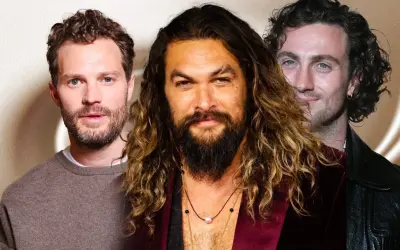 Tre uomini con capelli mossi: Jamie Dornan, Jason Momoa e Aaron Taylor-Johnson. Ispirazione per un taglio capelli uomo mossi.