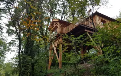 Une magnifique cabane perchée dans les arbres, au cœur d'une forêt jurassienne aux couleurs d'automne.