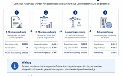 Schema erklärt kumulierte Rechnung im Bau: 4 Schritte von Abschlagsrechnungen bis zur Schlussrechnung, wobei frühere Beträge angerechnet werden.
