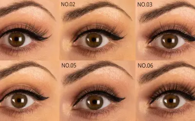 Sześć zbliżeń oka z różnymi stylizacjami kreski eyelinera i sztucznych rzęs.