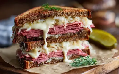 En saftig reuben sandwich med smält ost, krispig surkål och dill. En klassiker som smakar himmelskt.