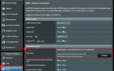 Ustawienia routera pokazują, jak zmienić DNS. Sekcja "WAN DNS Setting" pozwala przypisać własny serwer DNS.