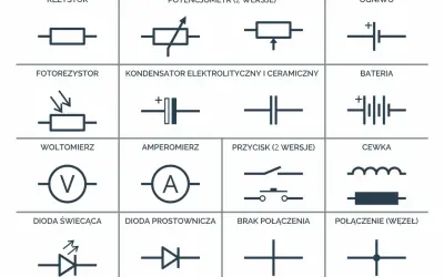 Schematyczne symbole elementów elektronicznych: rezystor, potencjometr, ogniwo, fotorezystor, kondensator, bateria, woltomierz, amperomierz, przycisk, cewka, dioda świecąca, dioda prostownicza, brak połączenia, połączenie (węzeł).