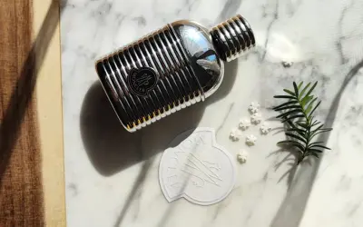 Elegancki flakon perfum Moncler pour homme na marmurowym tle, otoczony gałązką iglaków i płatkami śniegu.