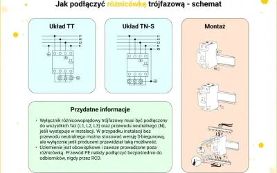 Schemat podłączenia trójfazowego wyłącznika różnicowoprądowego (RCD) w układach TT i TN-S, wraz z instrukcją montażu.