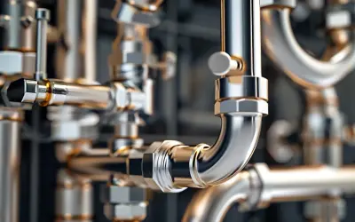 Błyszczące, metalowe rury i złączki, tworzące skomplikowaną sieć. Widoczne są detale łączenie rur pex, sugerujące instalację hydrauliczną.
