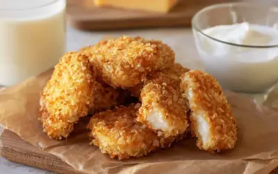 Chrupiący kurczak w panko, idealny do maczania w sosie. Obok szklanka mleka i miseczka jogurtu.