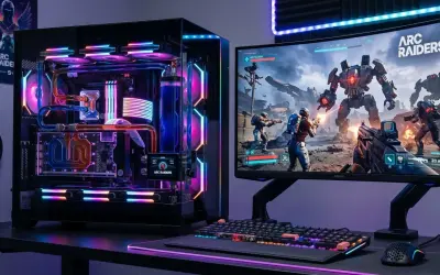 Gamingowy PC z podświetleniem RGB, na monitorze gra "Arc Raiders". Taki sprzęt z pewnością spełni wymagania "Arc Raiders".