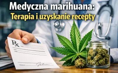 Lekarz podaje receptę, obok liść i słoik z medyczną marihuaną.