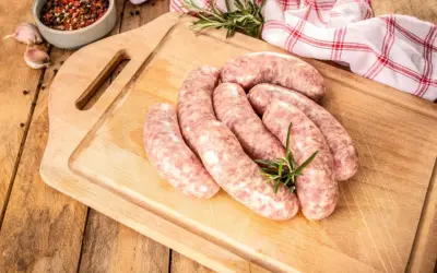 Surowa biała kiełbasa na desce, gotowa do przygotowania. Zioła i przyprawy dodają apetycznego wyglądu.