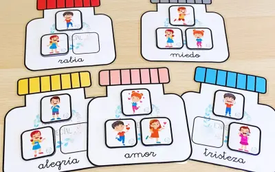 Tarro de las emociones para niños: rabia, miedo, alegría, amor y tristeza representados con dibujos.