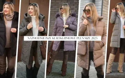 Kobiety prezentują modne kurtki zimowe plus size XXL w różnych kolorach. Stylowe, ciepłe okrycia na zimę.