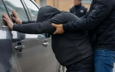Mężczyzna w kapturze opiera się o samochód, gdy drugi mężczyzna go obezwładnia. W tle widać policjanta. Zastanawiamy się, ile grozi za takie zatrzymanie.