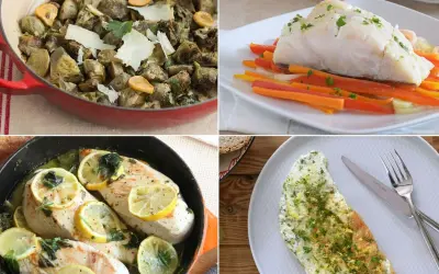 Cuatro platos deliciosos y comidas fáciles de hacer: alcachofas, pescado con verduras, pollo al limón y tortilla.