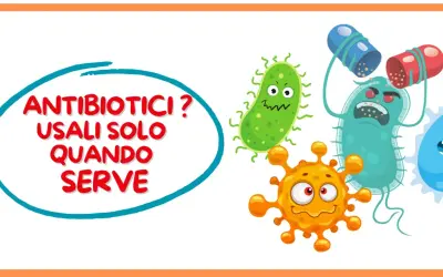 I batteri sono mostrati con espressioni spaventate mentre un antibiotico viene aperto. Il messaggio è: "Antibiotici? Usali solo quando serve".