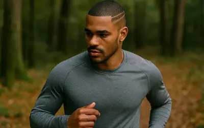 Homme avec un buzz cut stylisé, courant dans une forêt.