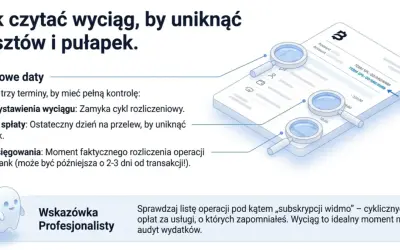 Wyciąg z karty kredytowej z lupami analizującymi kluczowe daty i transakcje. Dowiedz się, jak czytać wyciąg, by uniknąć kosztów.