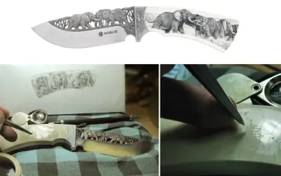 Mistrzowskie rzeźbienie w metalu: nóż z motywem słoni, szkic i praca artysty.