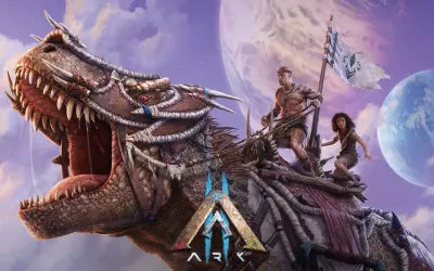 Wielki dinozaur z ludźmi na grzbiecie, gotowy na premierę ark 2. W tle planety i chmury.