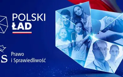 Polski Ład: uśmiechnięta rodzina, lekarze i uścisk dłoni symbolizują nadzieję i rozwój.