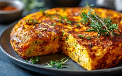Tortilla de calabaza dorada y esponjosa, decorada con romero fresco, servida en un plato oscuro.