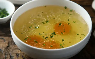 Aromaticzny rosół z perliczki, bogaty w smaku, z kawałkami marchewki i posypany natką pietruszki. Idealny na chłodne dni.