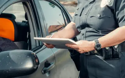 Policjant spisuje dane podczas kontroli drogowej. Widoczna rejestracja kk.