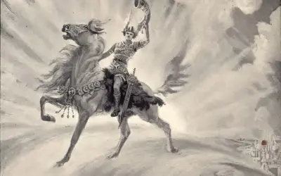 Heimdall na koniu, z hełmem i mieczem, dmie w róg, zapowiadając Ragnarök.