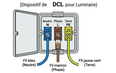 Schéma pour installer boitier DCL : fil bleu (neutre), marron (phase) et jaune-vert (terre) connectés.