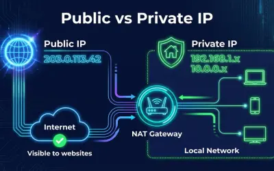 Publiczny IP 203.0.113.42 łączy się z Internetem. Prywatny IP 192.168.1.x i 10.0.0.x są w sieci lokalnej, za bramą NAT. Chcesz znaleźć IP?