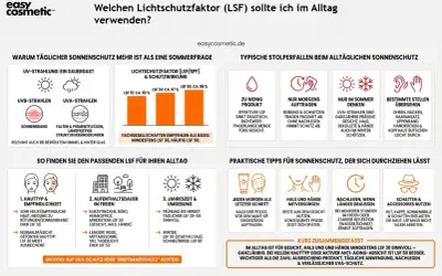 Sonnenschutz: LSF 30 oder 50 für Gesicht, Hals & Hände ganzjährig empfohlen. Bei hellem Hauttyp oder Anti-Aging LSF 50.