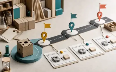 Un mapa de ruta visual que representa el **método lean startup**, con marcadores de ubicación, cajas de cartón y elementos que sugieren experimentación y desarrollo.