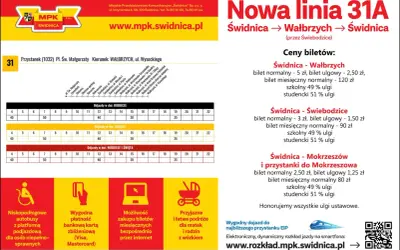 Linia 31A Świdnica-Wałbrzych-Świdnica: cennik biletów normalnych i ulgowych, rozkład jazdy.