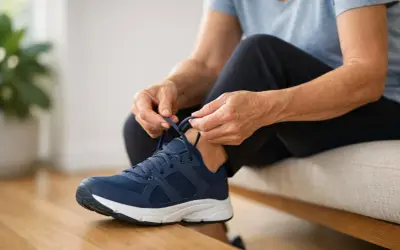 Mani anziane allacciano scarpe blu, affrontando la mancanza equilibrio gambe per un passo sicuro.