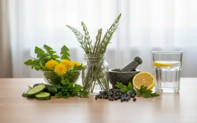 Kompozycja z mniszkiem, skrzypem, jagodami i cytryną – składniki na naturalne diuretyki. Obok szklanka wody i moździerz.
