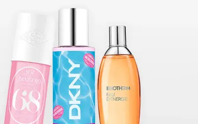 Tre parfymer: Sol de Janeiro, DKNY Be Delicious och Biotherm Eau d'Énergie. Eau de toilette betyder lättare doft.
