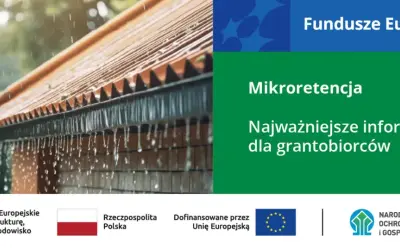 Deszcz spływa z dachu, ilustrując program "Moja woda" i mikroretencję. Informacje dla beneficjentów.